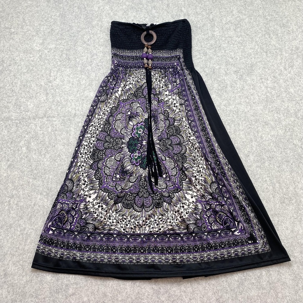 646 Main Womens One Size Dress Purple Paisley Beaded Smocked Halter Festival